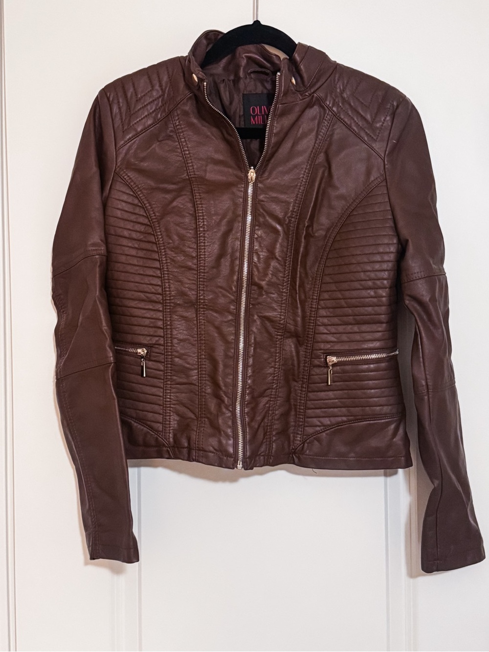 Olivia Miller Large Vegan Leather Moto Jacket Brown